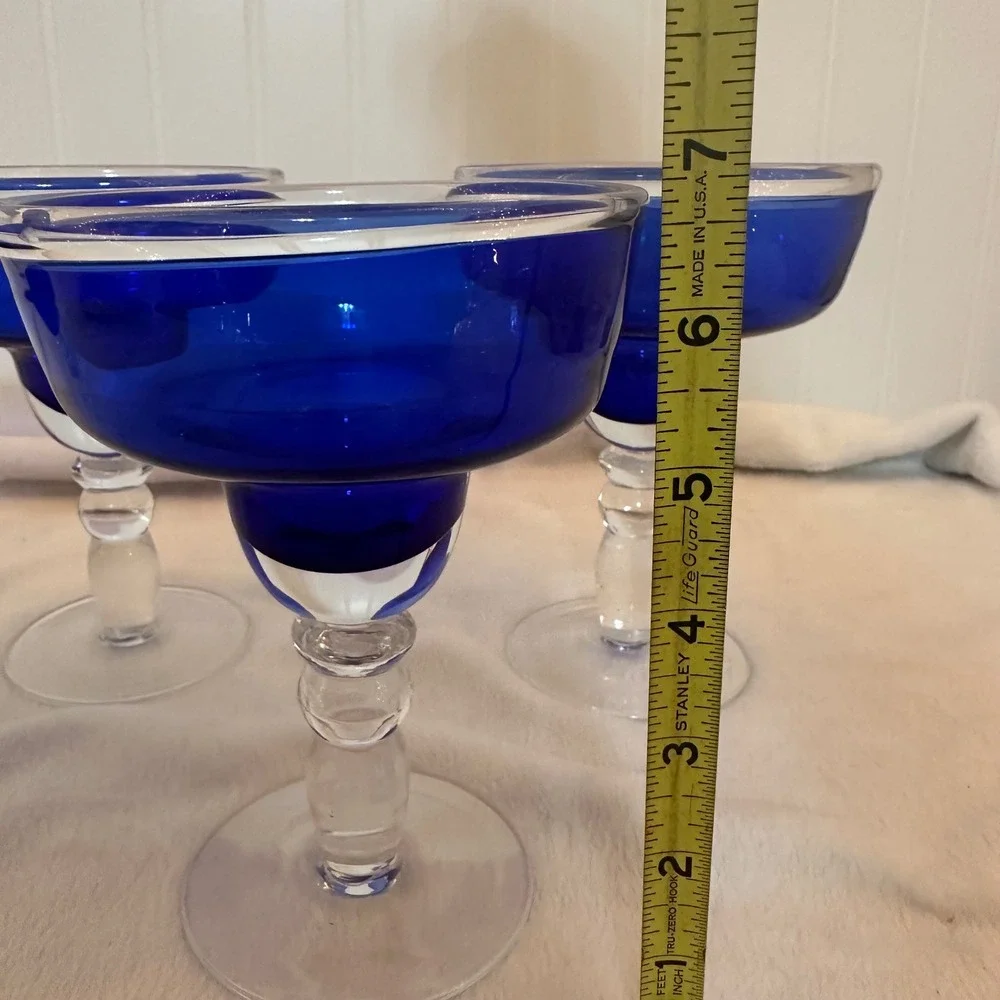 Vintage Margarita Glasses Set of 4 Cobalt Blue Clear Bubble Stem Excellent MCM